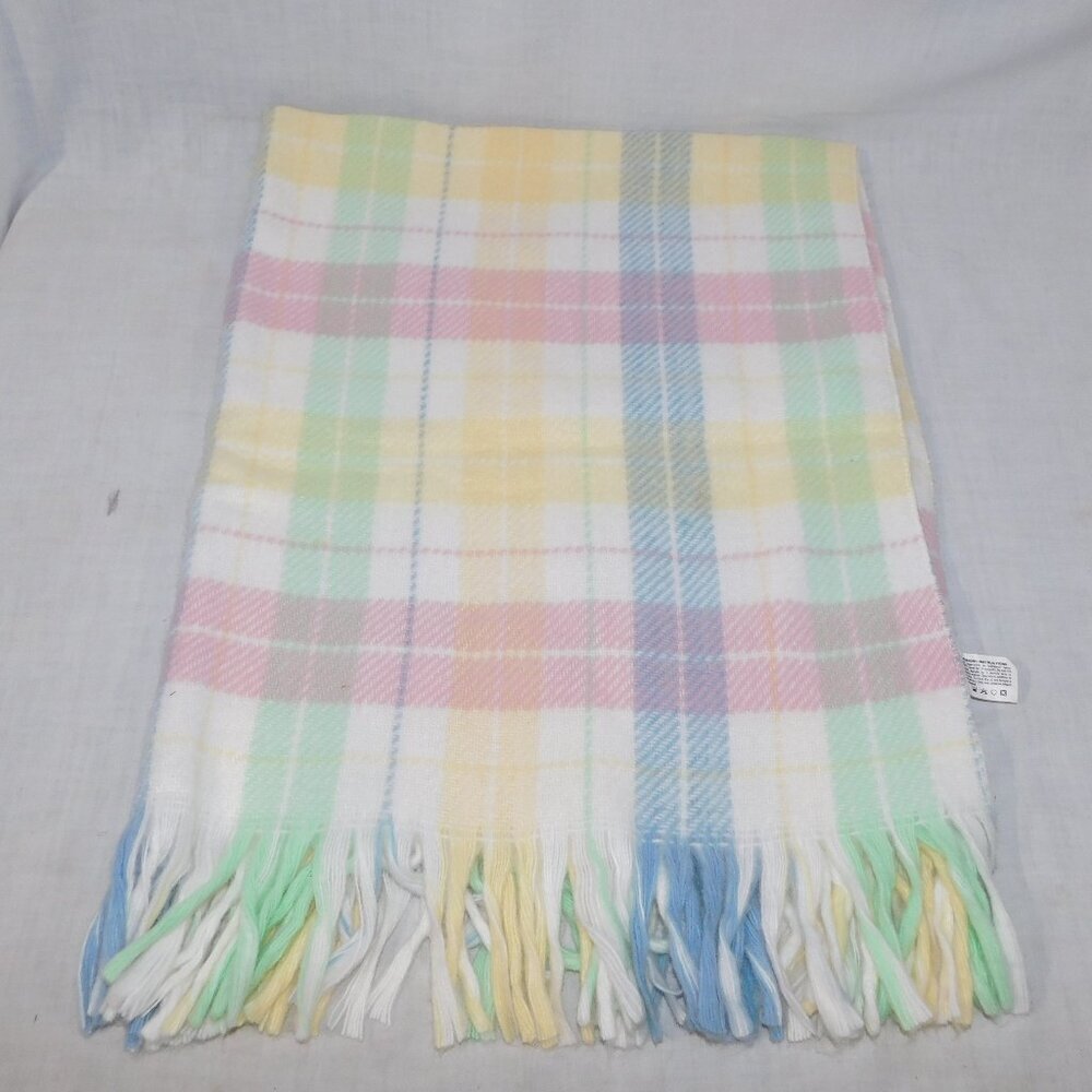 VTG Acrylic Plaid Pastel Fringe baby blanket Tennessee Woolen Mills 35" x 42"